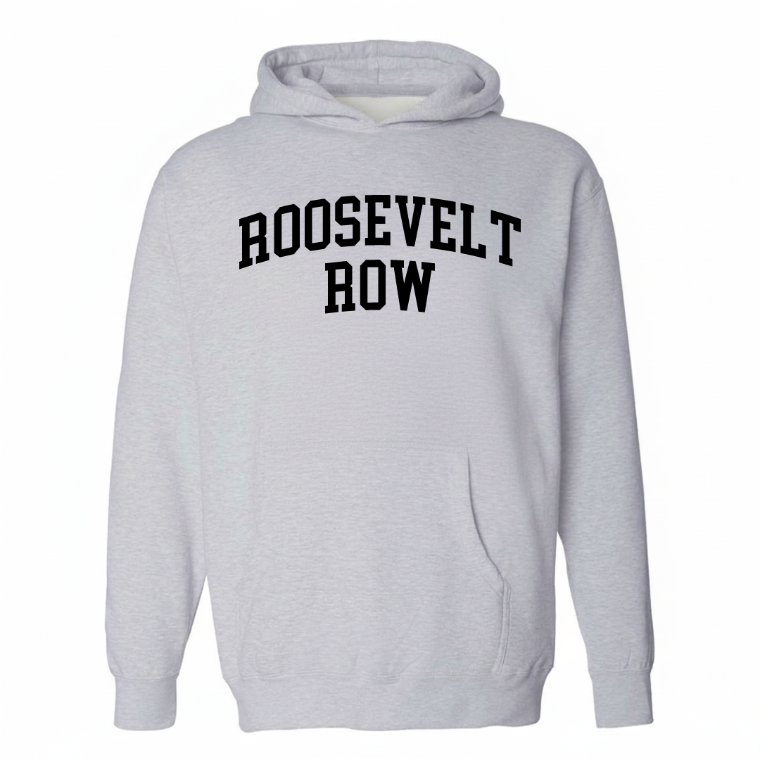 Heather-gray hoodie with the Roosevelt Row varsity arched lettering design on the chest.