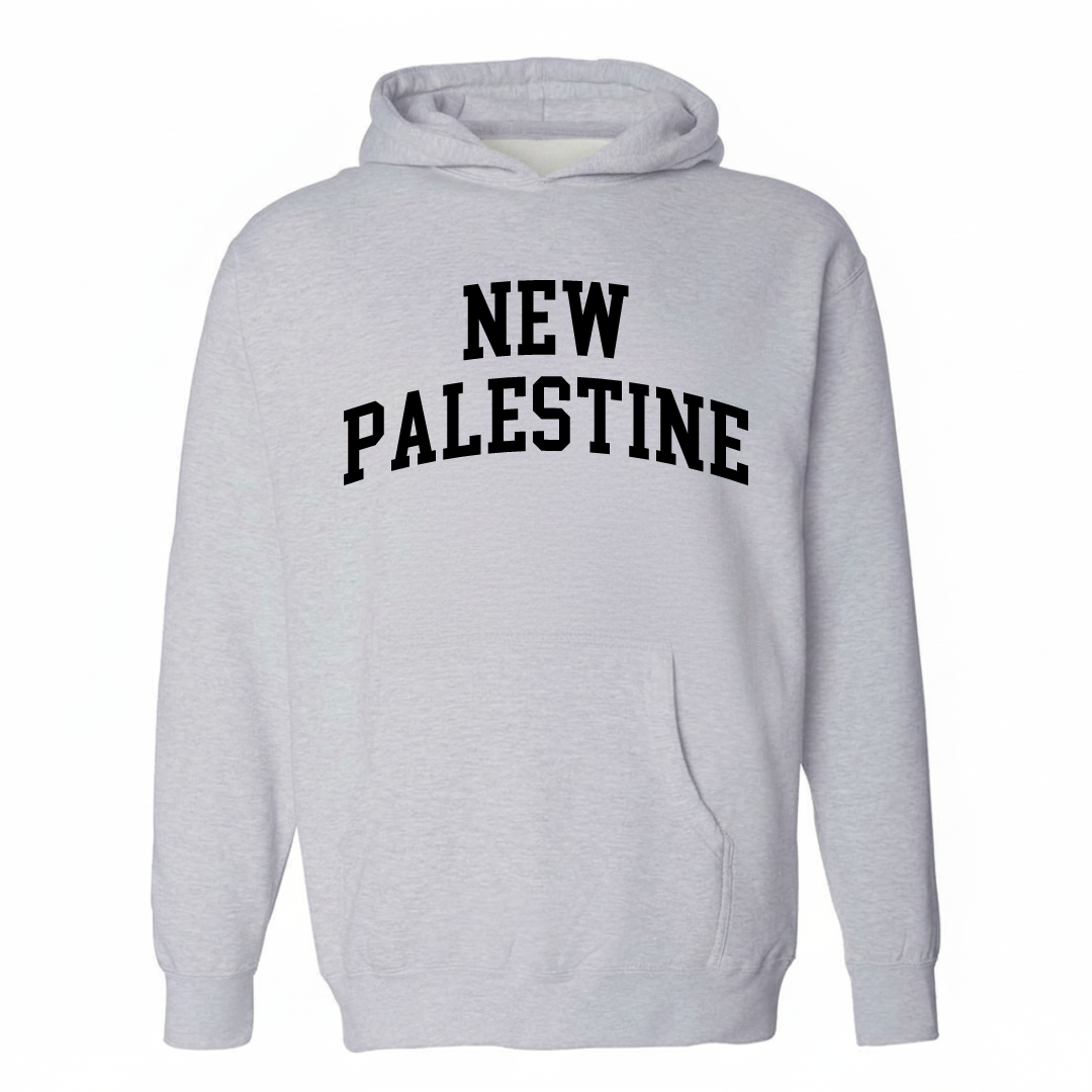 Heather-gray hoodie with the New Palestine varsity arched lettering design on the chest.