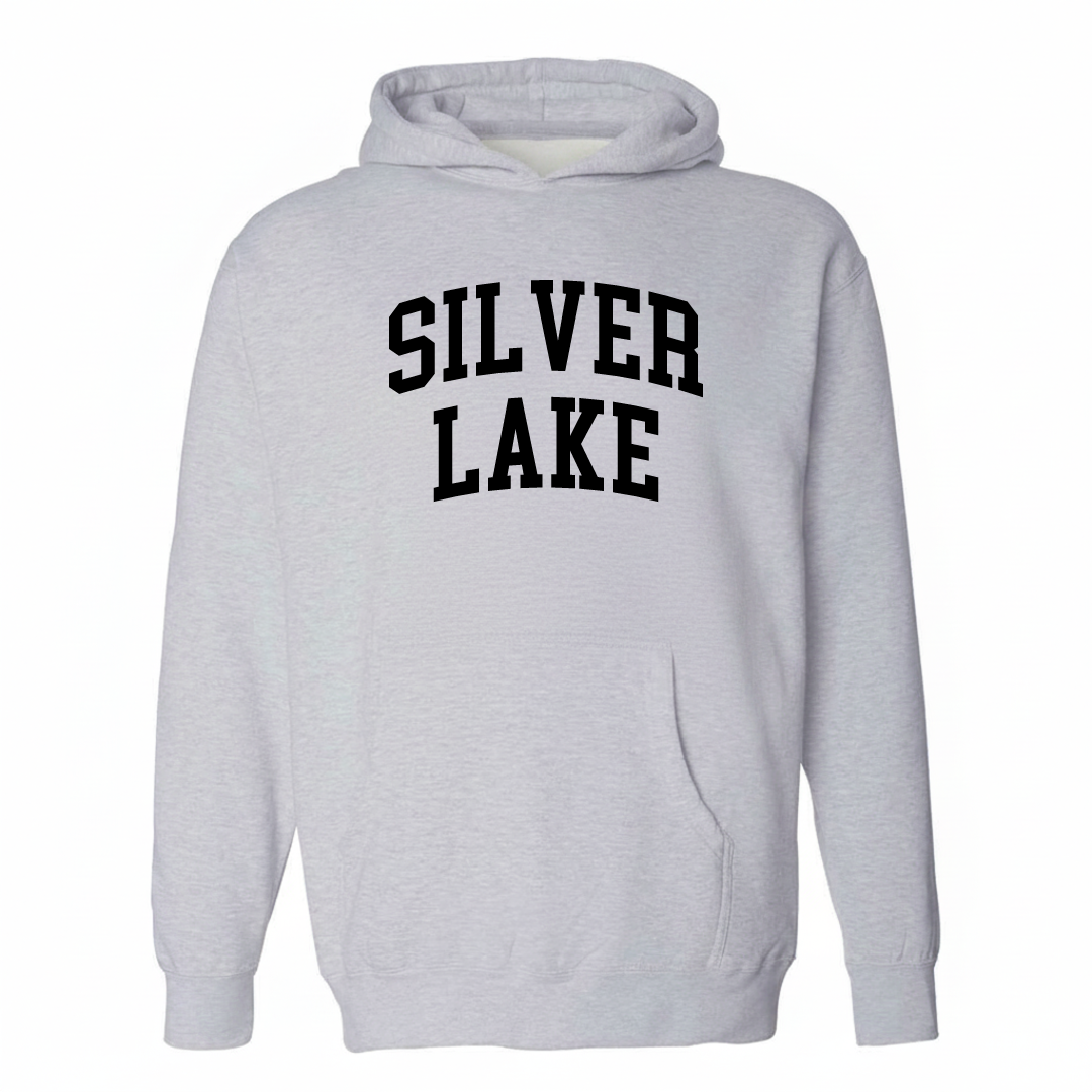 Heather-gray hoodie with the Silver Lake arched varsity lettering design on the chest.