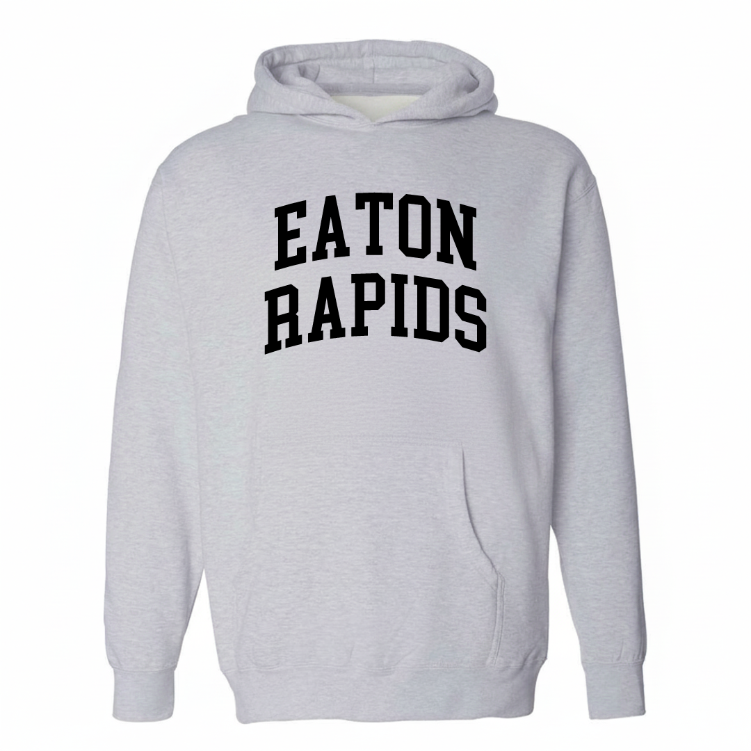 Heather-gray hoodie with the Eaton Rapids varsity arched lettering design on the chest.