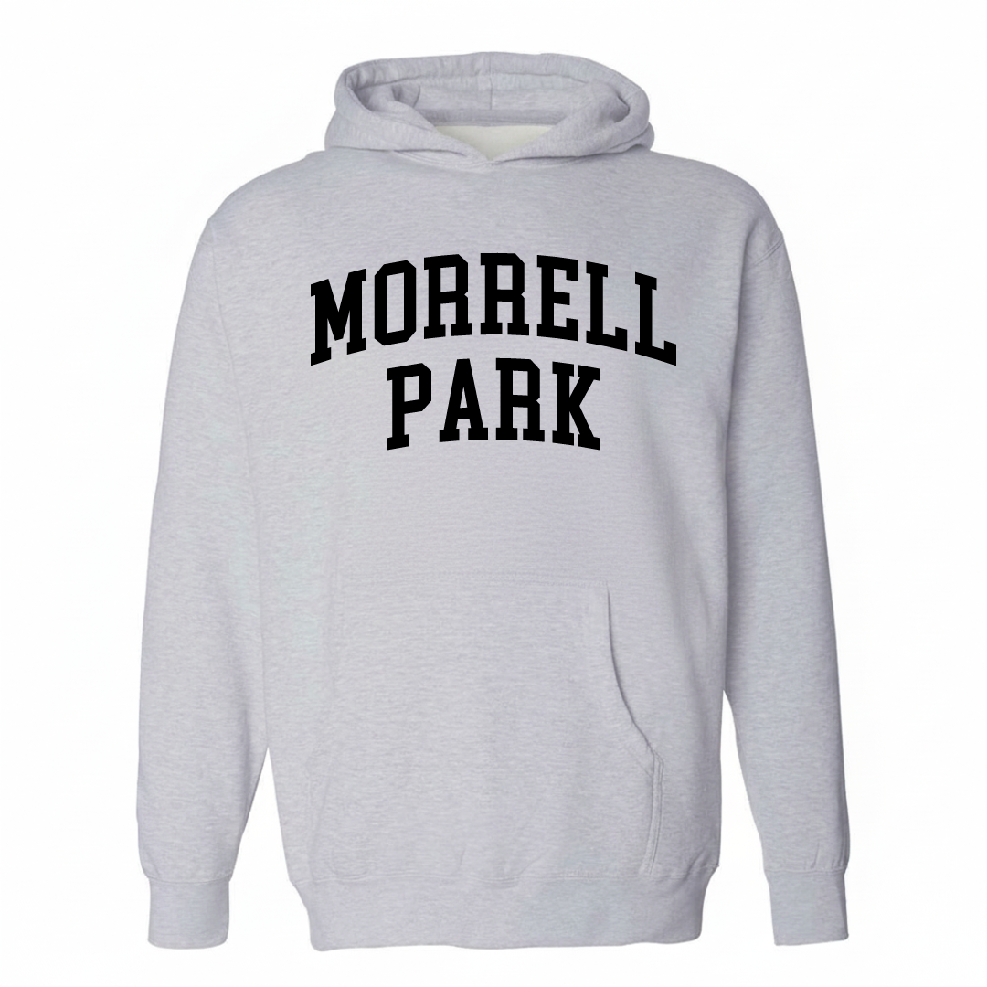 Heather-gray hoodie with the Morrell Park varsity arched lettering design on the chest.