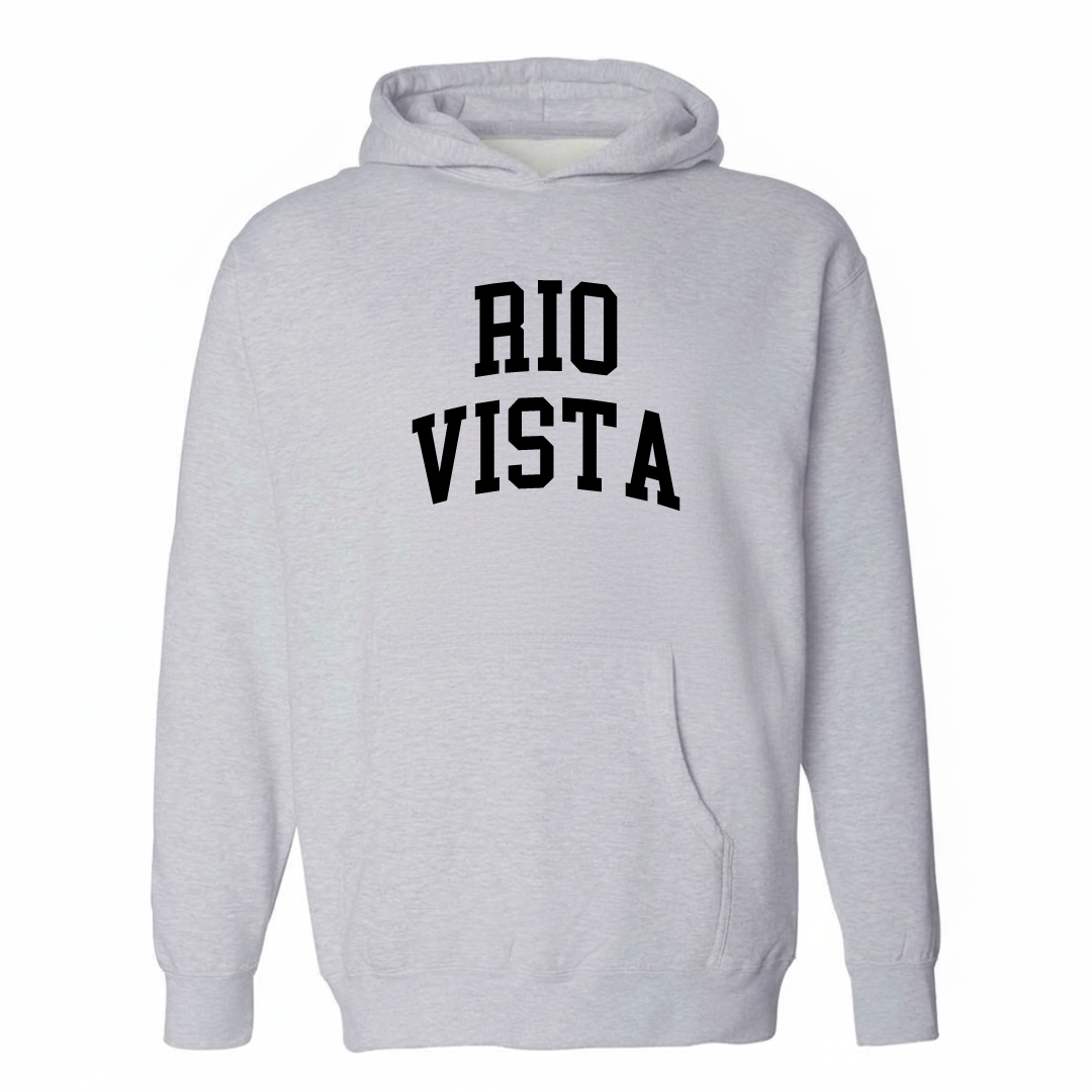 Heather-gray hoodie with the Rio Vista varsity arched lettering design on the chest.