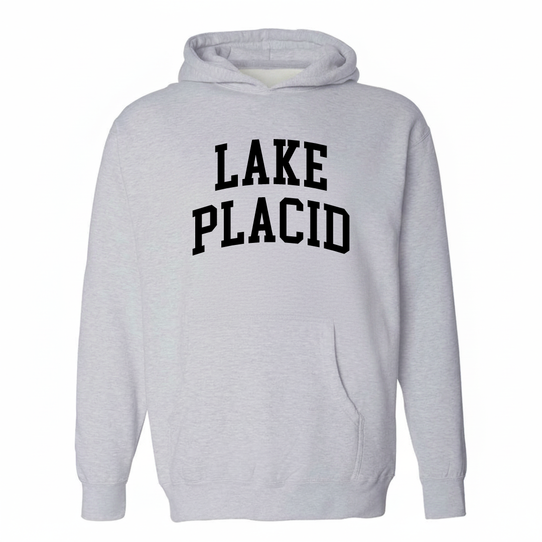 Heather-gray hoodie with the Lake Placid varsity arched lettering design on the chest.