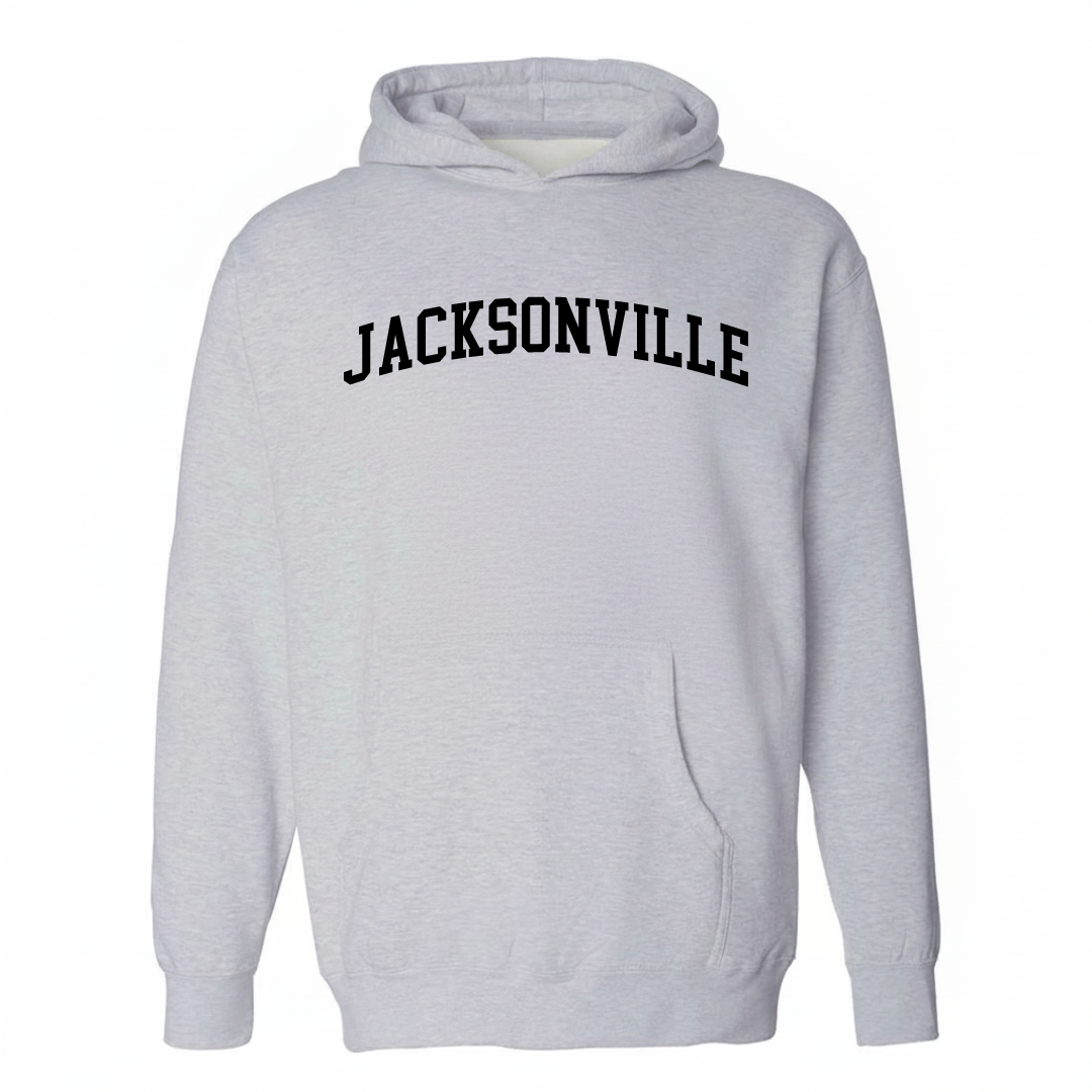 Heather-gray hoodie with the Jacksonville varsity arched lettering design on the chest.