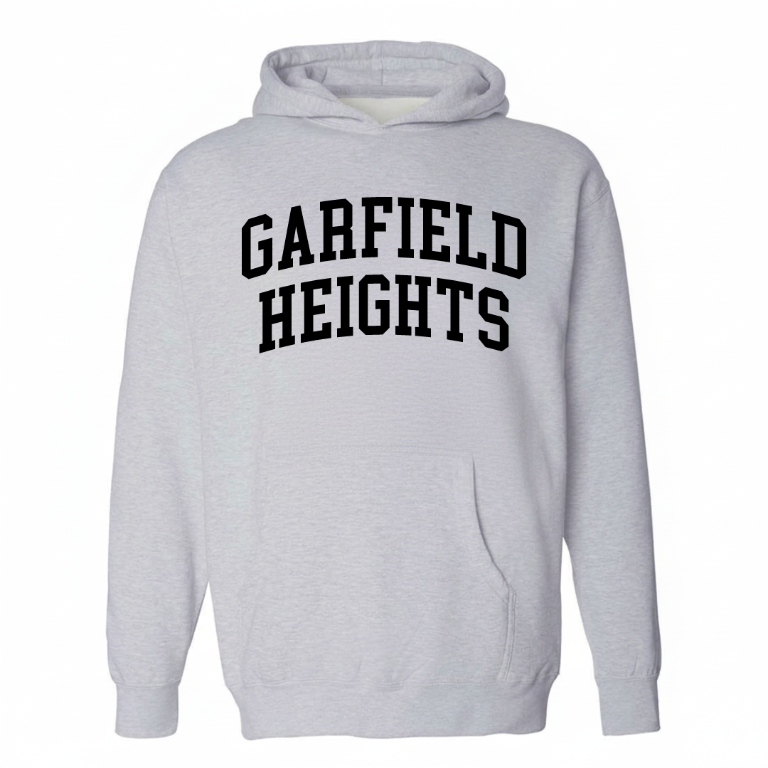 Heather-gray hoodie with the Garfield Heights varsity arched lettering design on the chest.