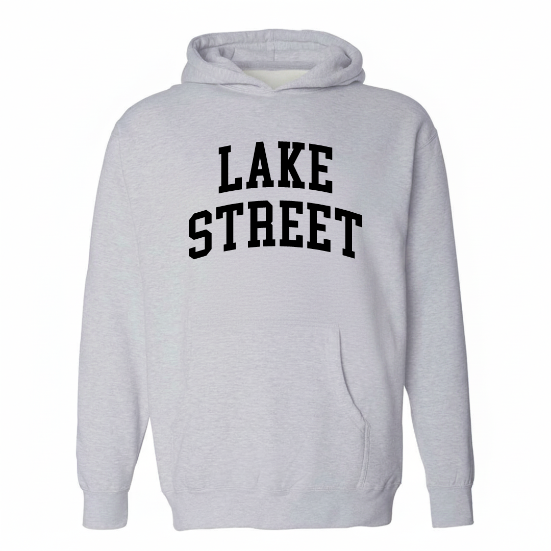 Heather-gray hoodie with the Lake Street arched varsity lettering design on the chest.