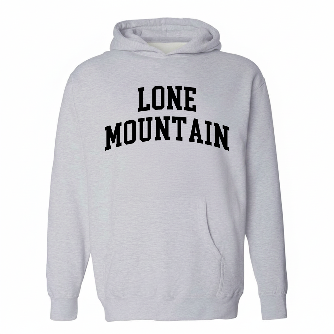 Heather-gray hoodie with the Lone Mountain arched lettering varsity-collegiate design on the chest.