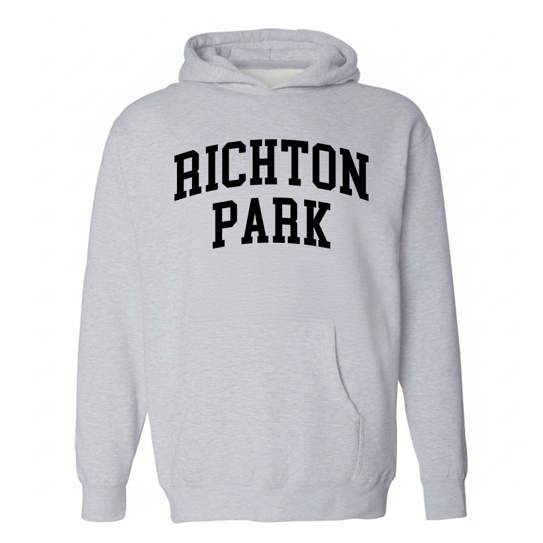Heather-gray hoodie with the Richton Park varsity arched lettering design on the chest.