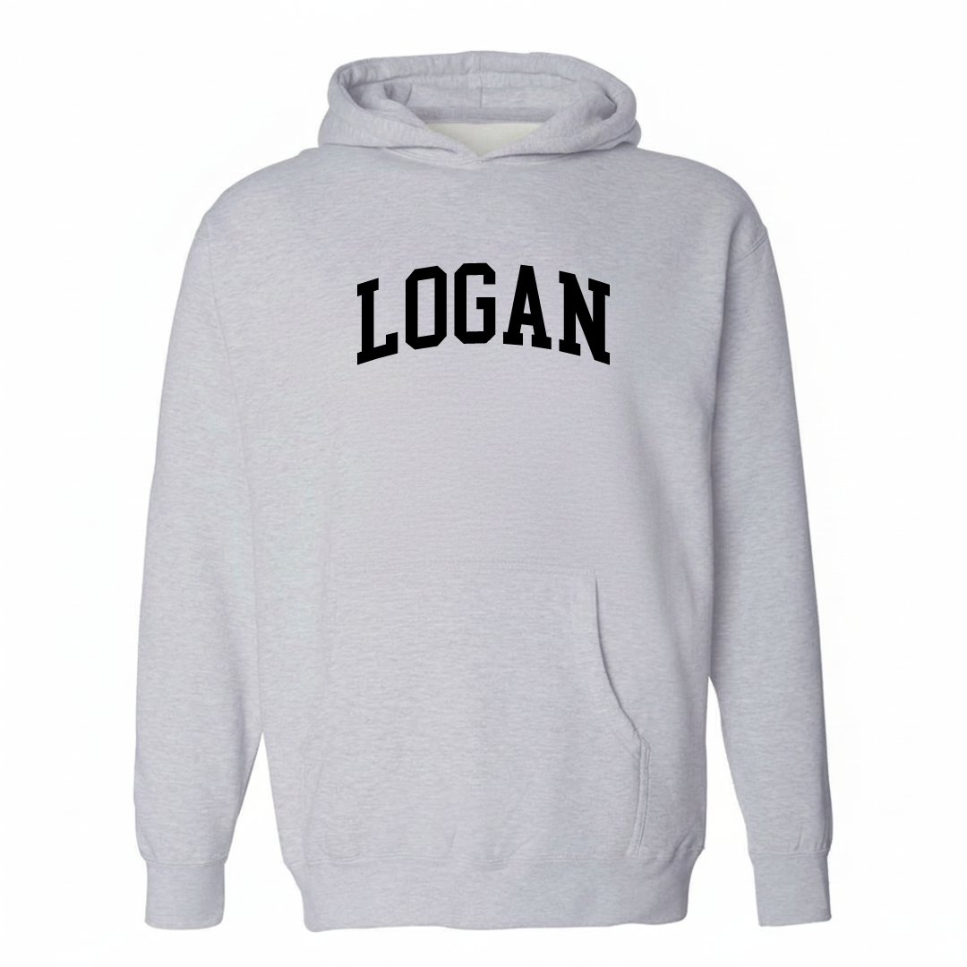 Heather-gray hoodie with the Logan varsity arched lettering design on the chest.
