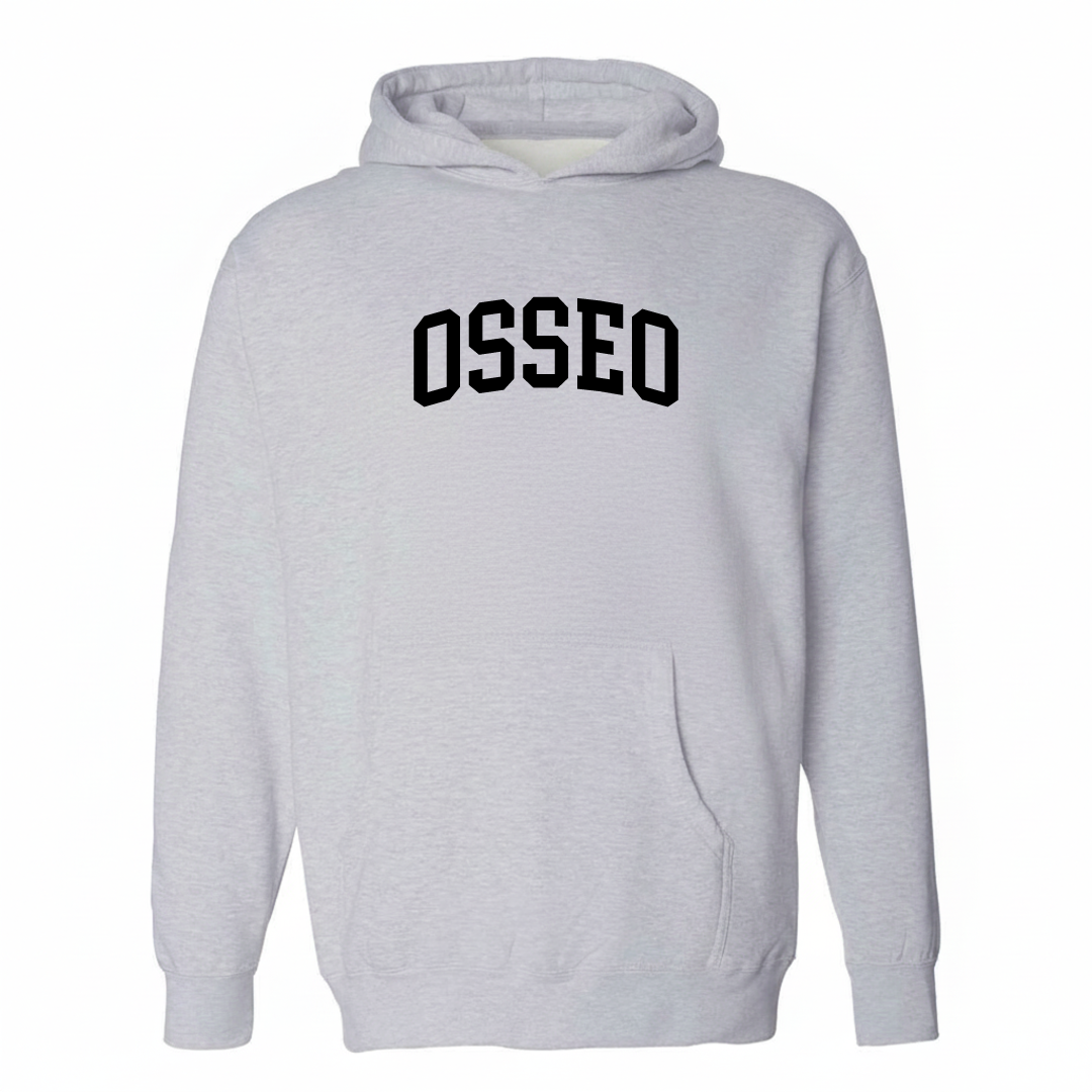 Heather-gray hoodie with the Osseo varsity arched lettering design on the chest.