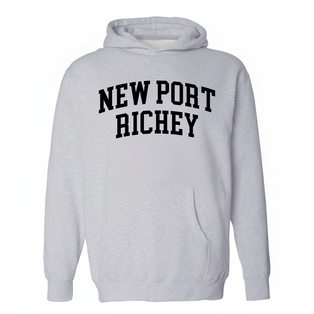 Heather-gray hoodie with the New Port Richey varsity arched lettering design on the chest.