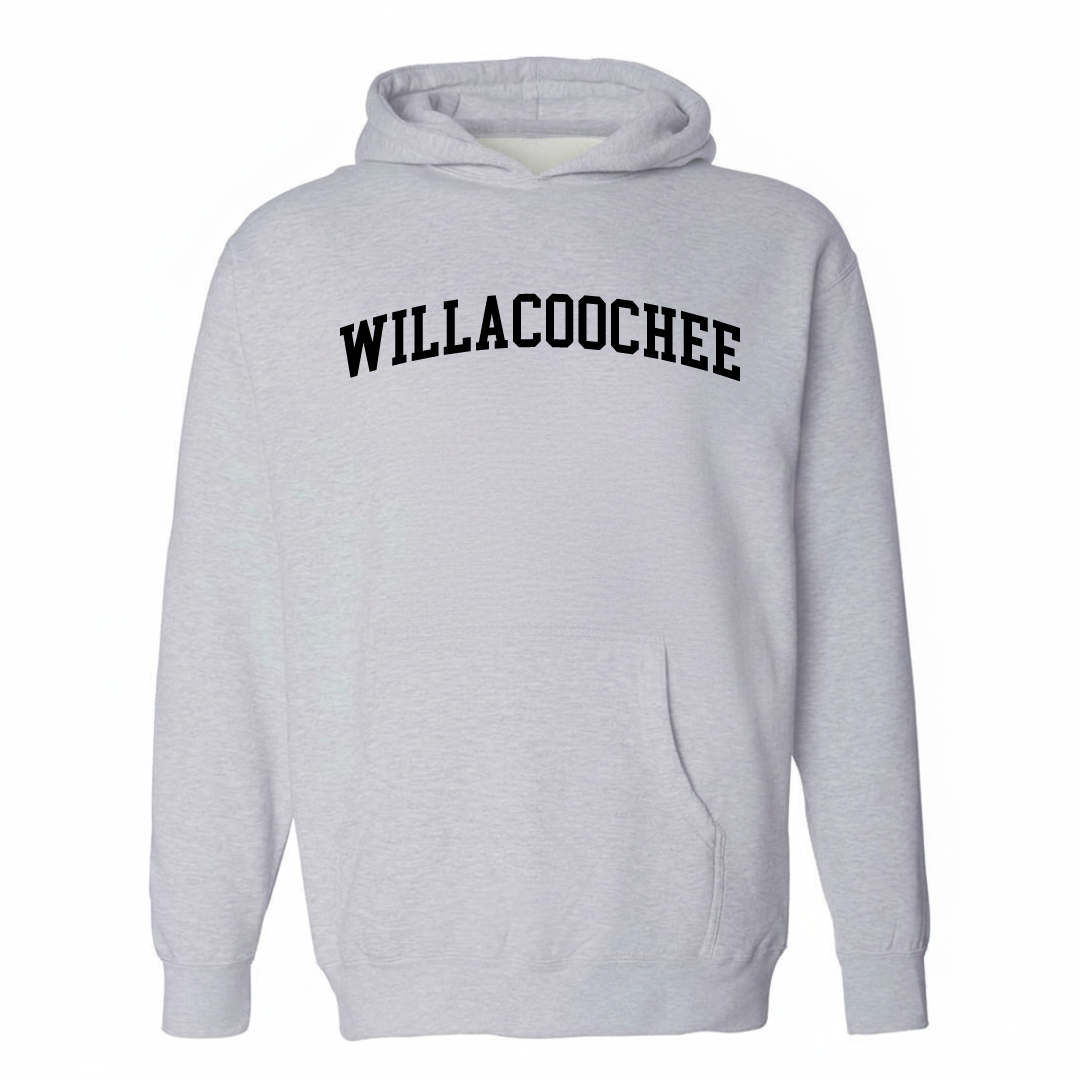 Heather-gray hoodie with the Willacoochee varsity arched lettering design on the chest.