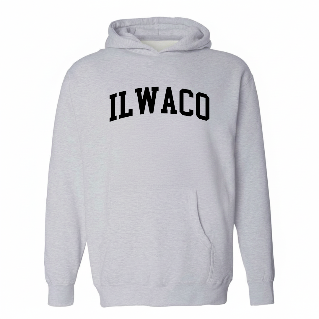 Heather-gray hoodie with the Ilwaco arched lettering design on the chest.