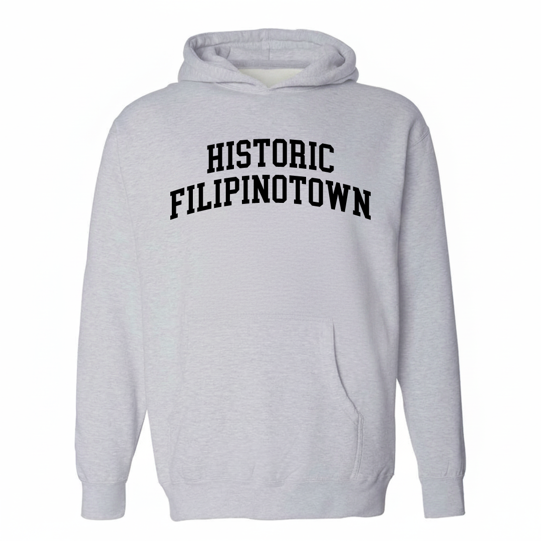 Heather-gray hoodie with the Historic Filipinotown varsity arched lettering design on the chest.