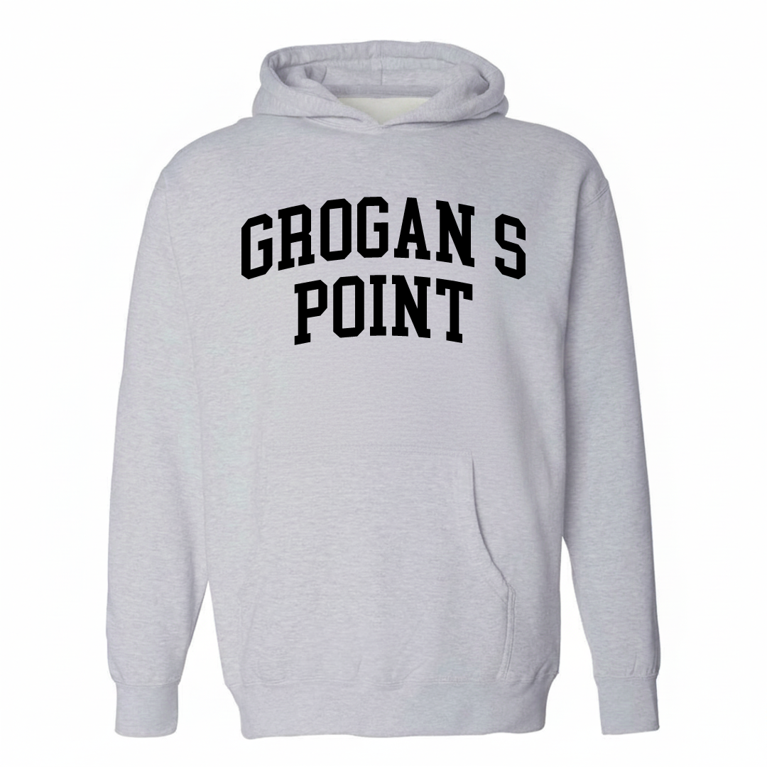Heather-gray hoodie with the Grogan's Point varsity arched lettering design on the chest.