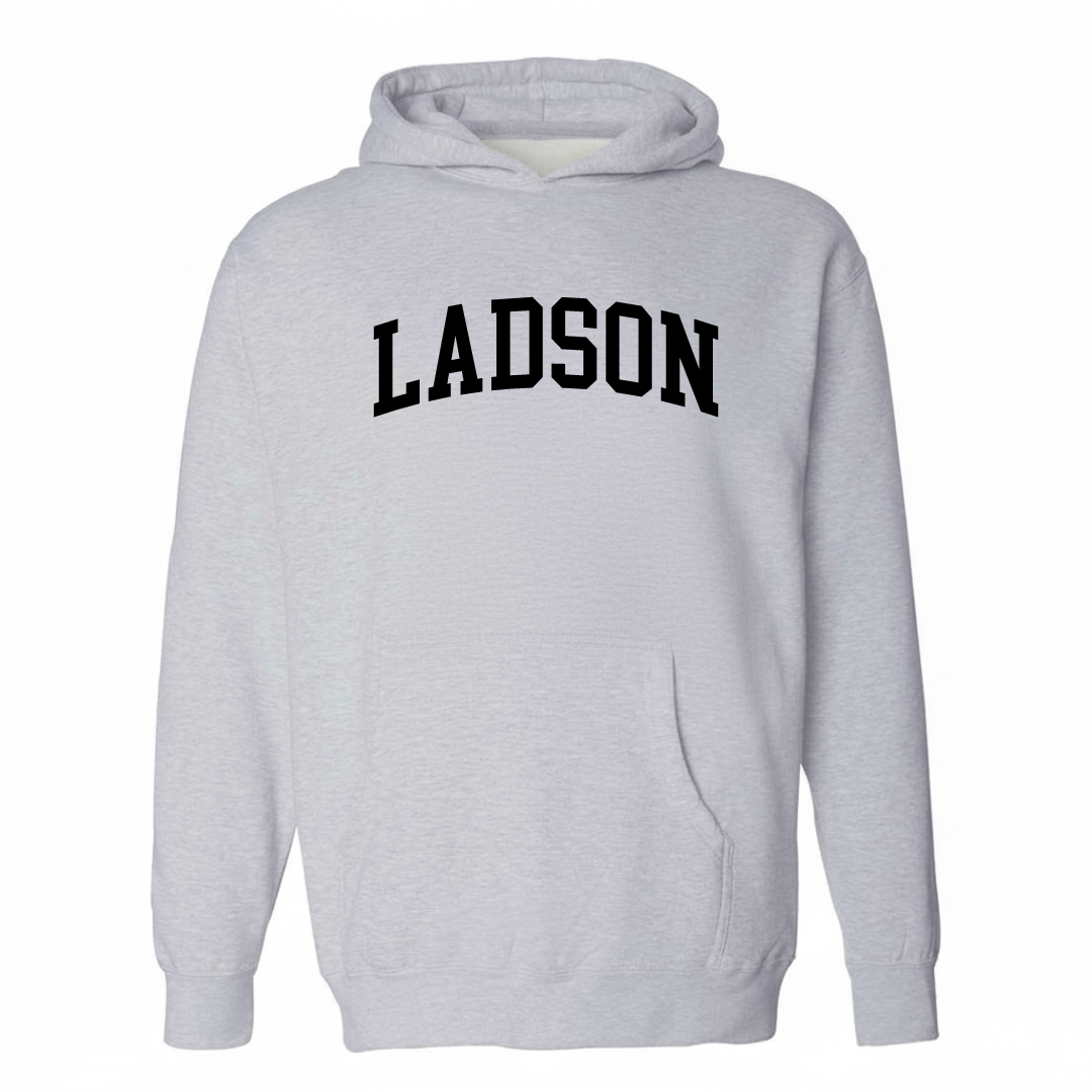 Heather-gray hoodie with the Ladson varsity arched lettering design on the chest.