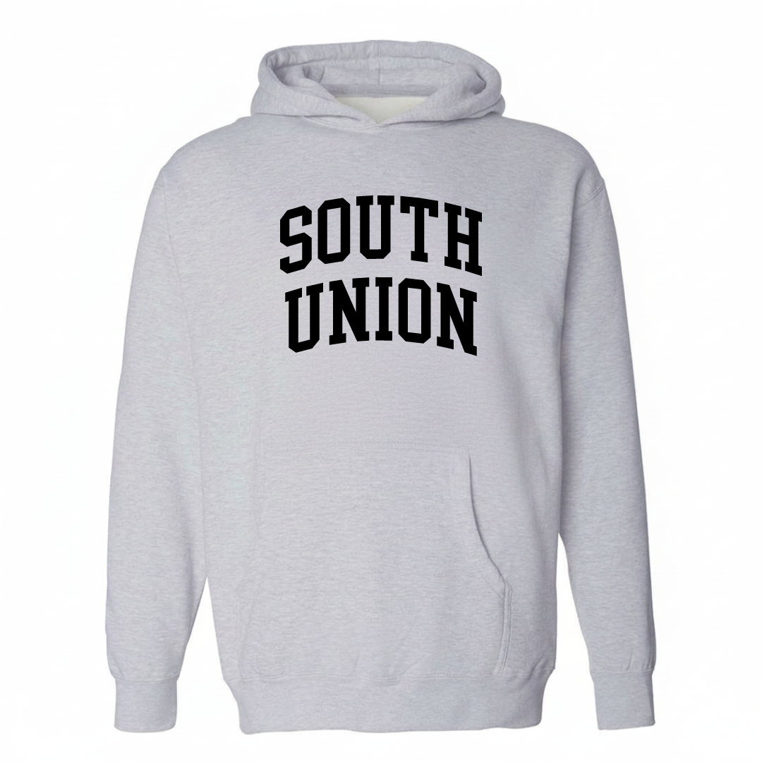 Heather-gray hoodie with the South Union arched lettering varsity-collegiate design on the chest.