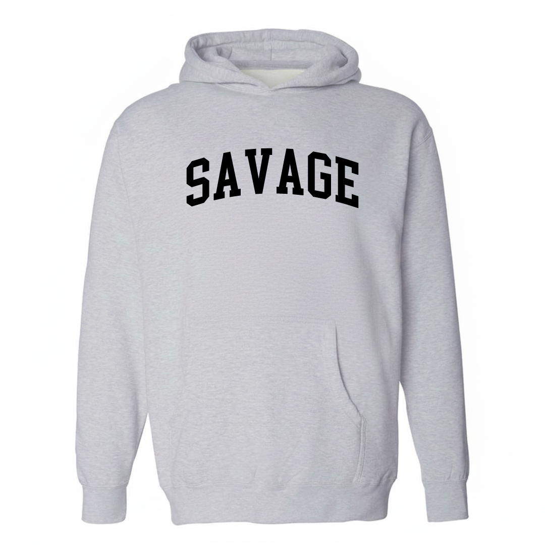 Heather-gray hoodie with the Savage MN varsity arched lettering design on the chest.