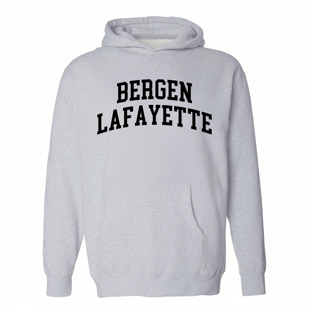 Heather-gray hoodie with the Bergen-Lafayette arched varsity lettering design on the chest.