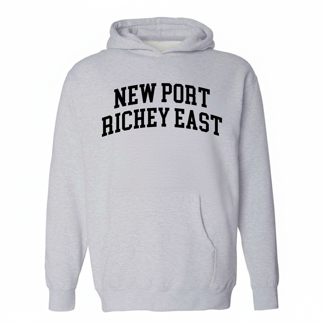 Heather-gray hoodie with the New Port Richey East varsity arched lettering design on the chest.