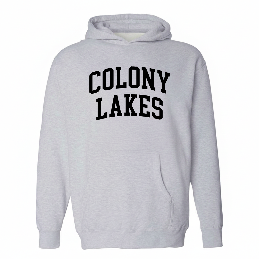 Heather-gray hoodie with the Colony Lakes varsity arched lettering design on the chest.