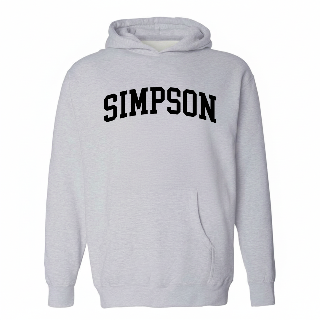 Heather-gray hoodie with the Simpson arched lettering varsity-collegiate design on the chest.