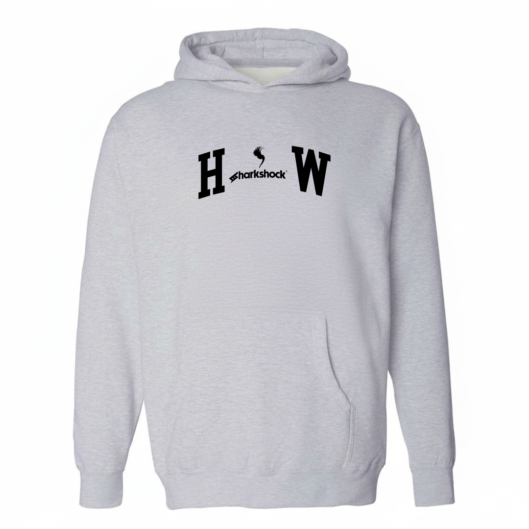Heather-gray hoodie with the Hāwī varsity arched lettering design on the chest.