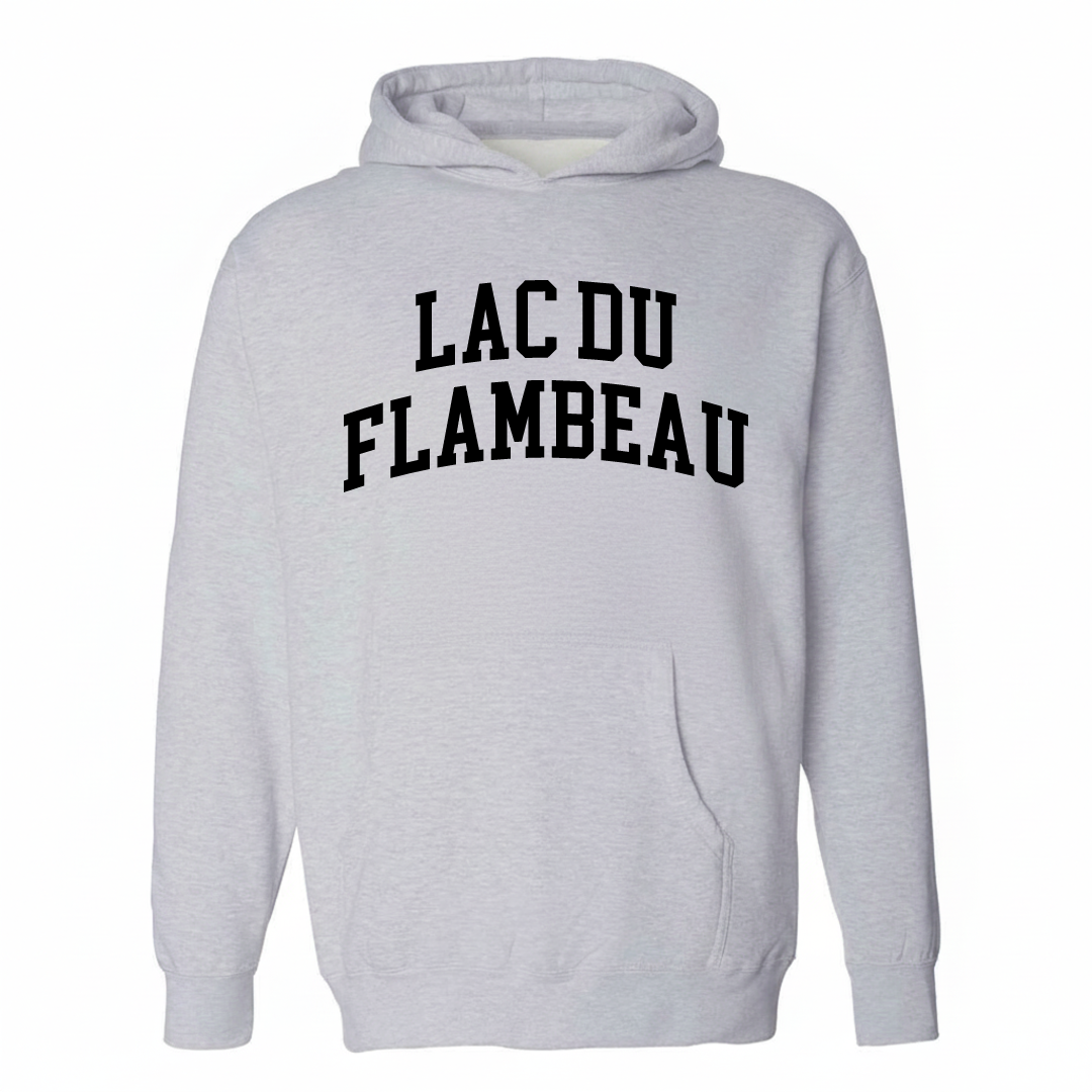 Heather-gray hoodie with the Lac du Flambeau varsity arched lettering design on the chest.