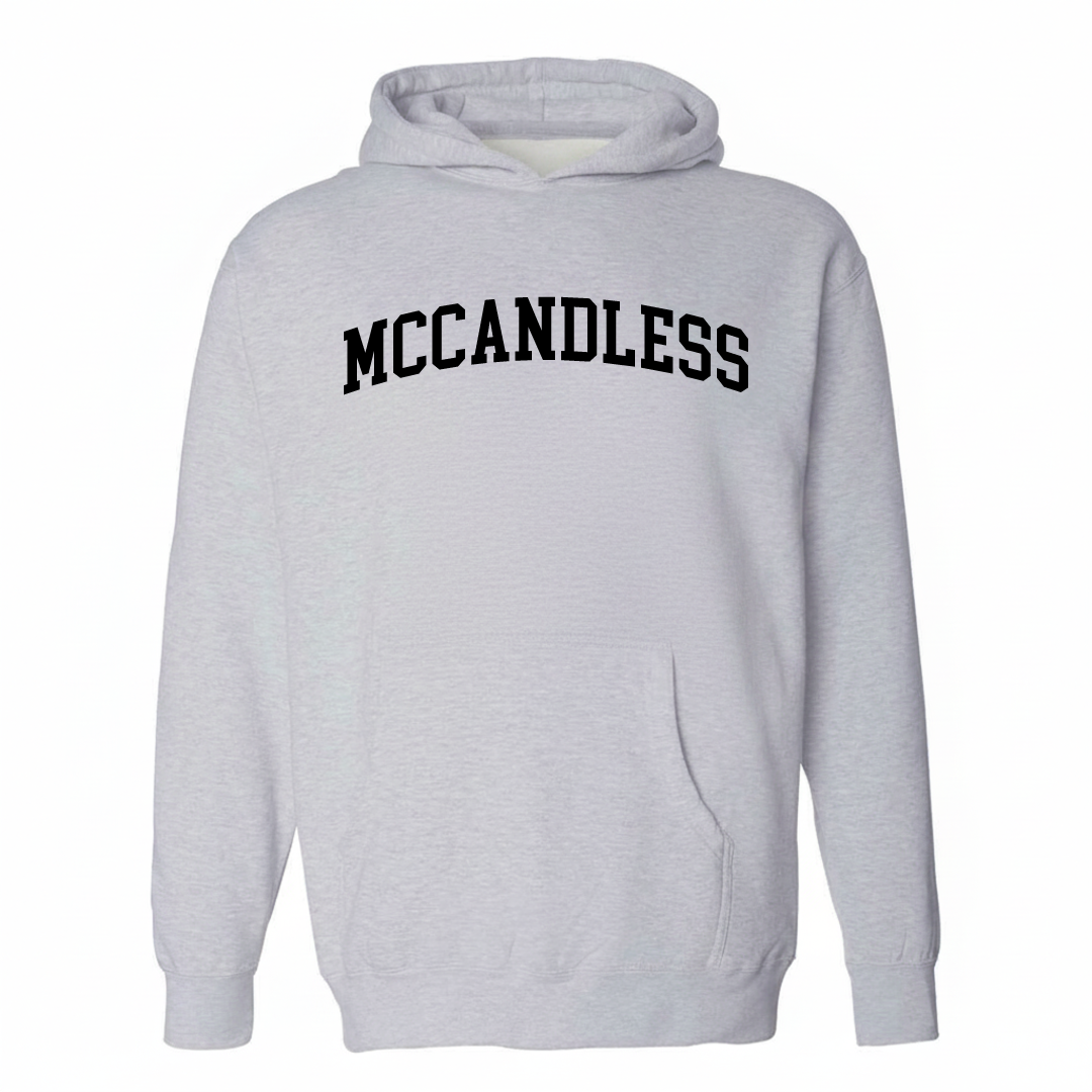 Heather-gray hoodie with the McCandless varsity arched lettering design on the chest.