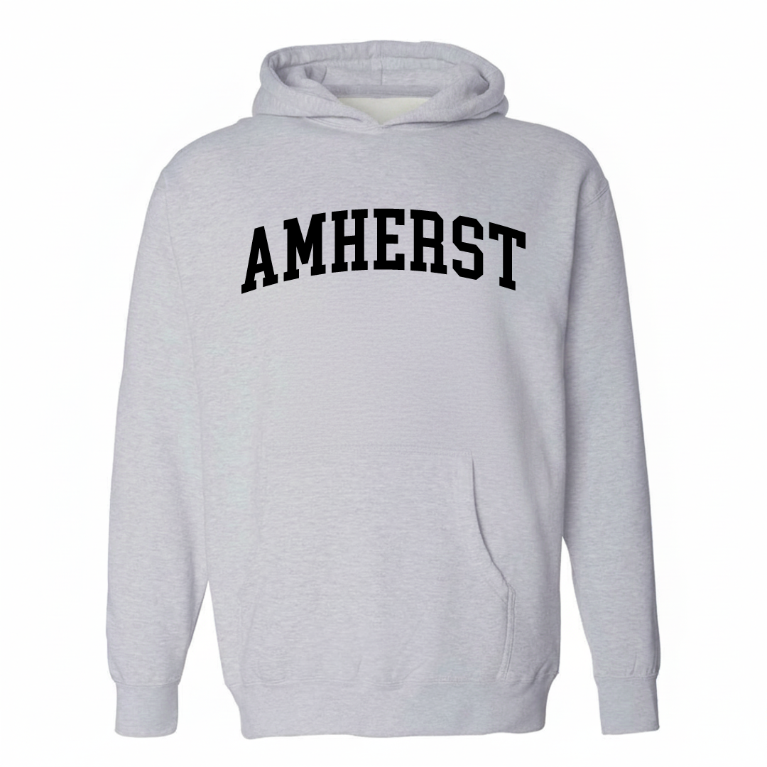 Heather-gray hoodie with the Amherst NH varsity arched lettering design on the chest.