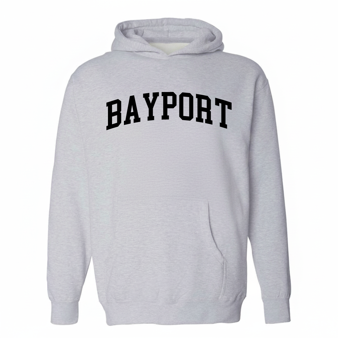 Heather-gray hoodie with the Bayport varsity arched lettering design on the chest.