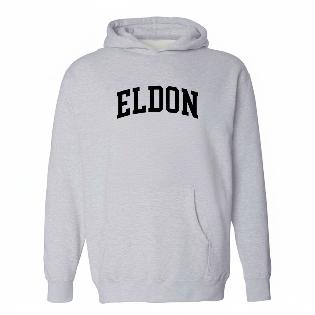 Heather-gray hoodie with the Eldon varsity arched lettering design on the chest.