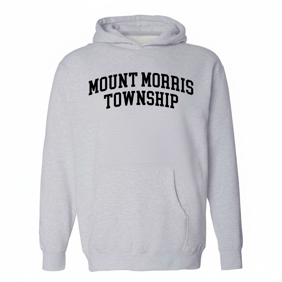Heather-gray hoodie with the Mount Morris Township arched lettering design on the chest.