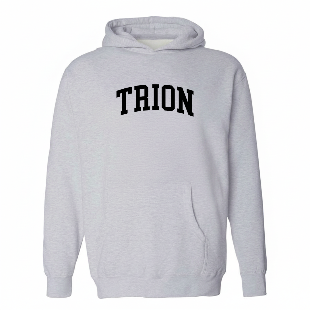 Heather-gray hoodie with the Trion varsity arched lettering design on the chest.