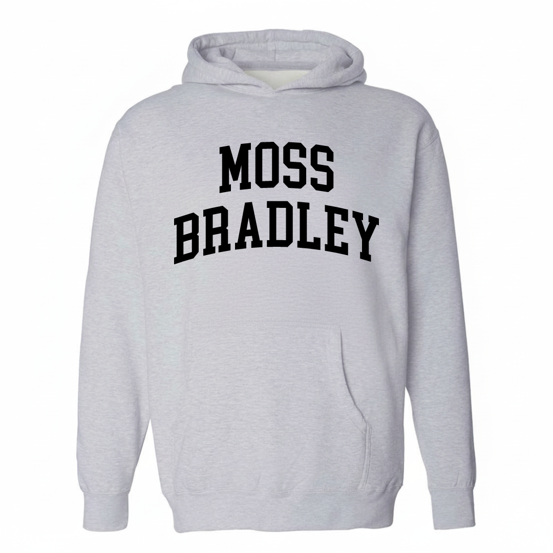 Heather-gray hoodie with the Moss-Bradley varsity arched lettering design on the chest.