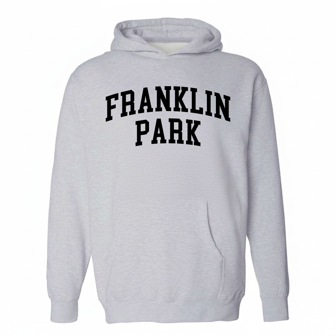 Heather-gray hoodie with the Franklin Park arched lettering varsity-collegiate design on the chest.