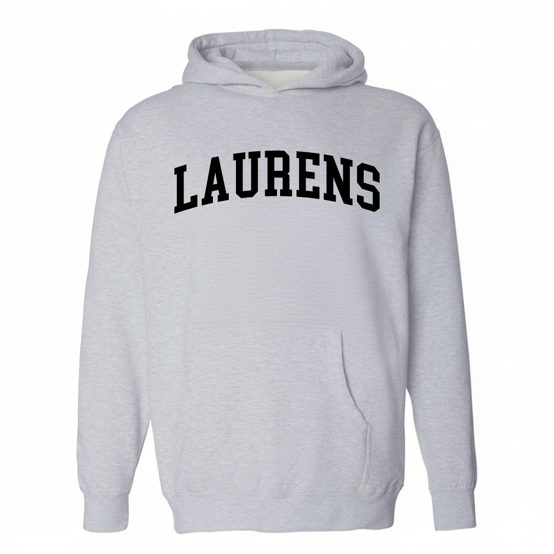 Heather-gray hoodie with the Laurens arched varsity lettering design on the chest.