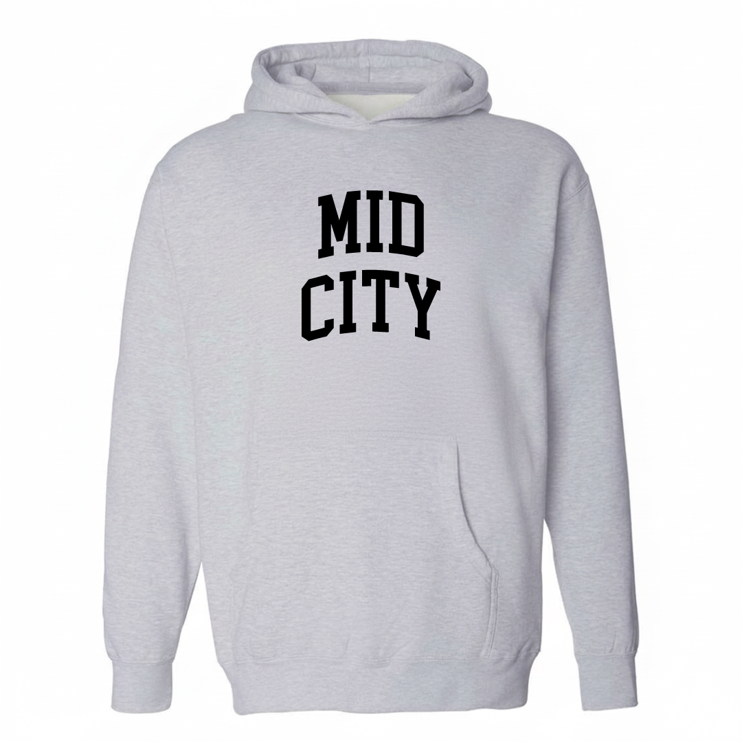 Heather-gray hoodie with the Mid City Baton Rouge varsity arched lettering design on the chest.