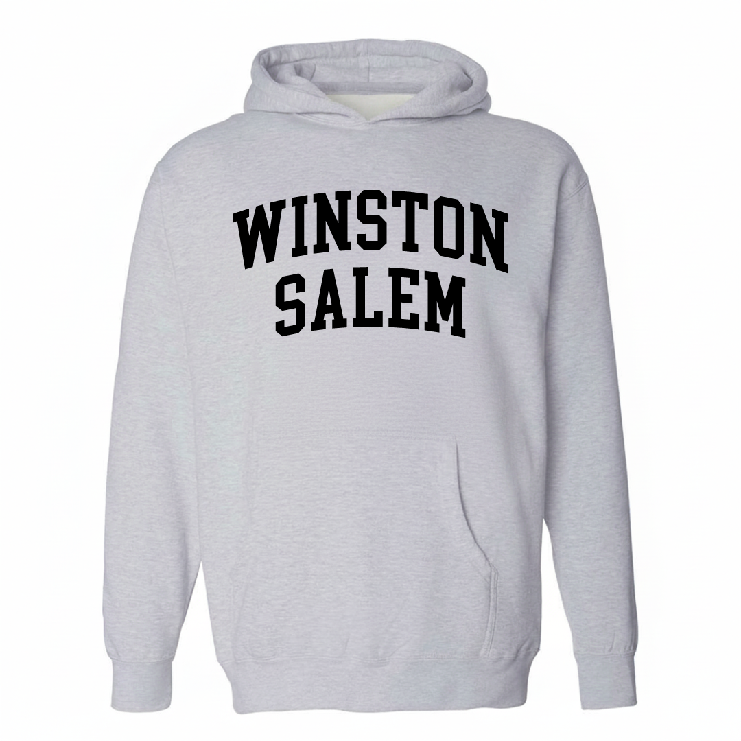 Heather-gray hoodie with the Winston-Salem arched lettering varsity-collegiate design on the chest.