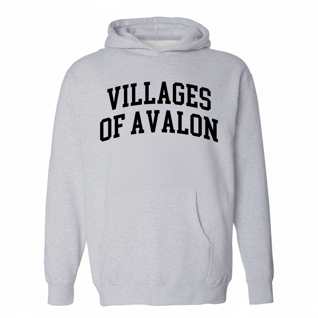 Heather-gray hoodie with the Villages of Avalon arched lettering design on the chest.