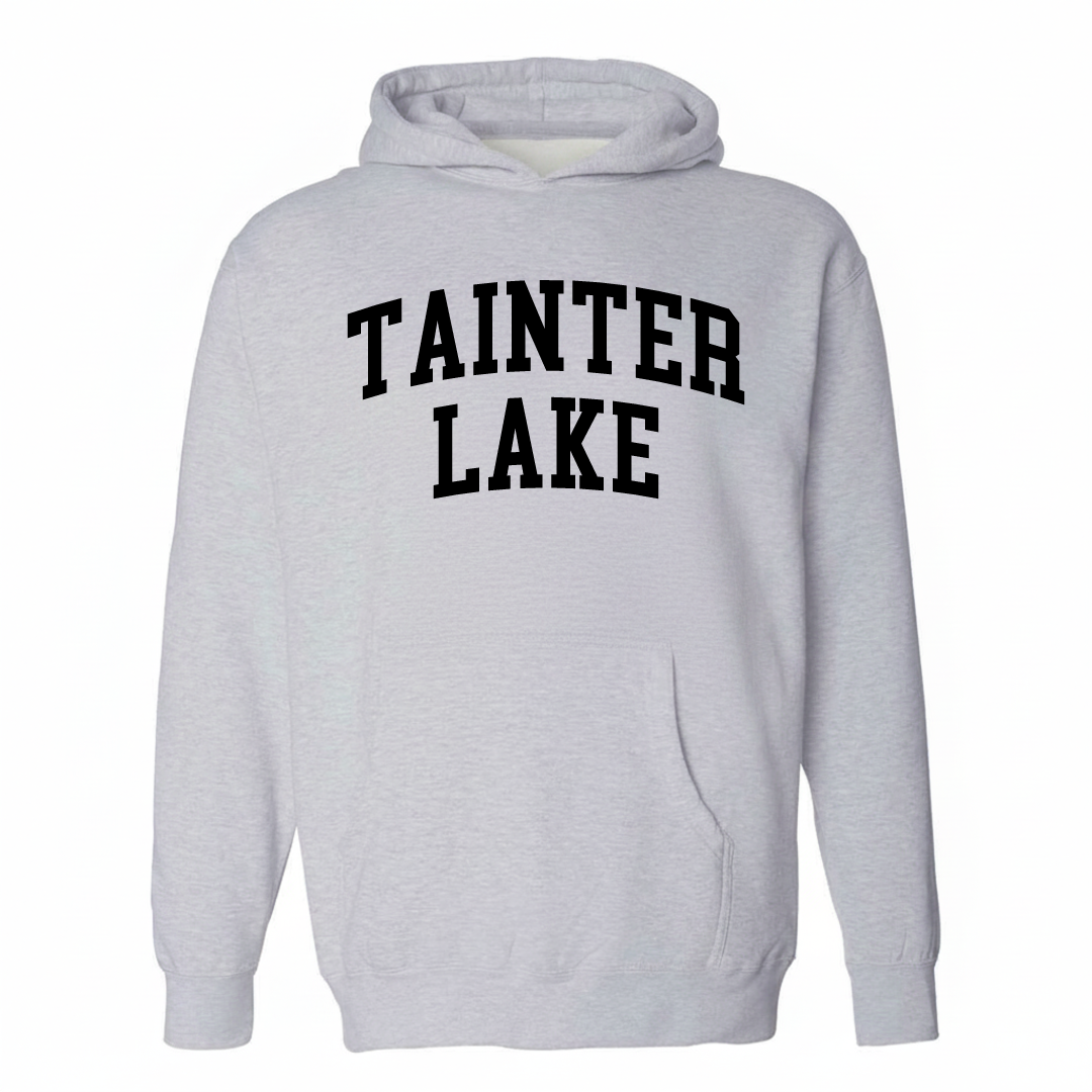 Heather-gray hoodie with the Tainter Lake varsity arched lettering design on the chest.