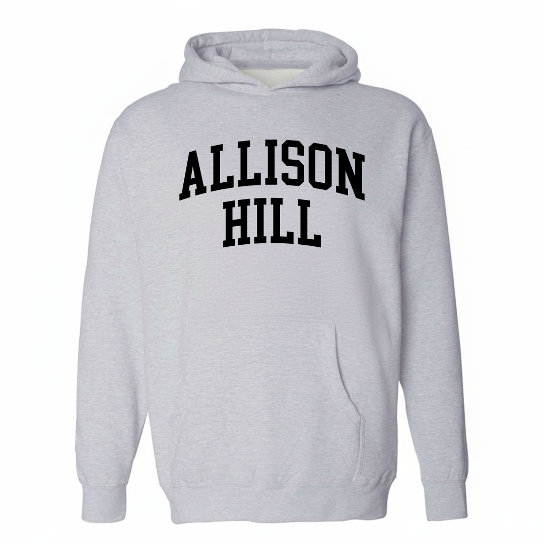 Heather-gray hoodie with the Allison Hill varsity arched lettering design on the chest.