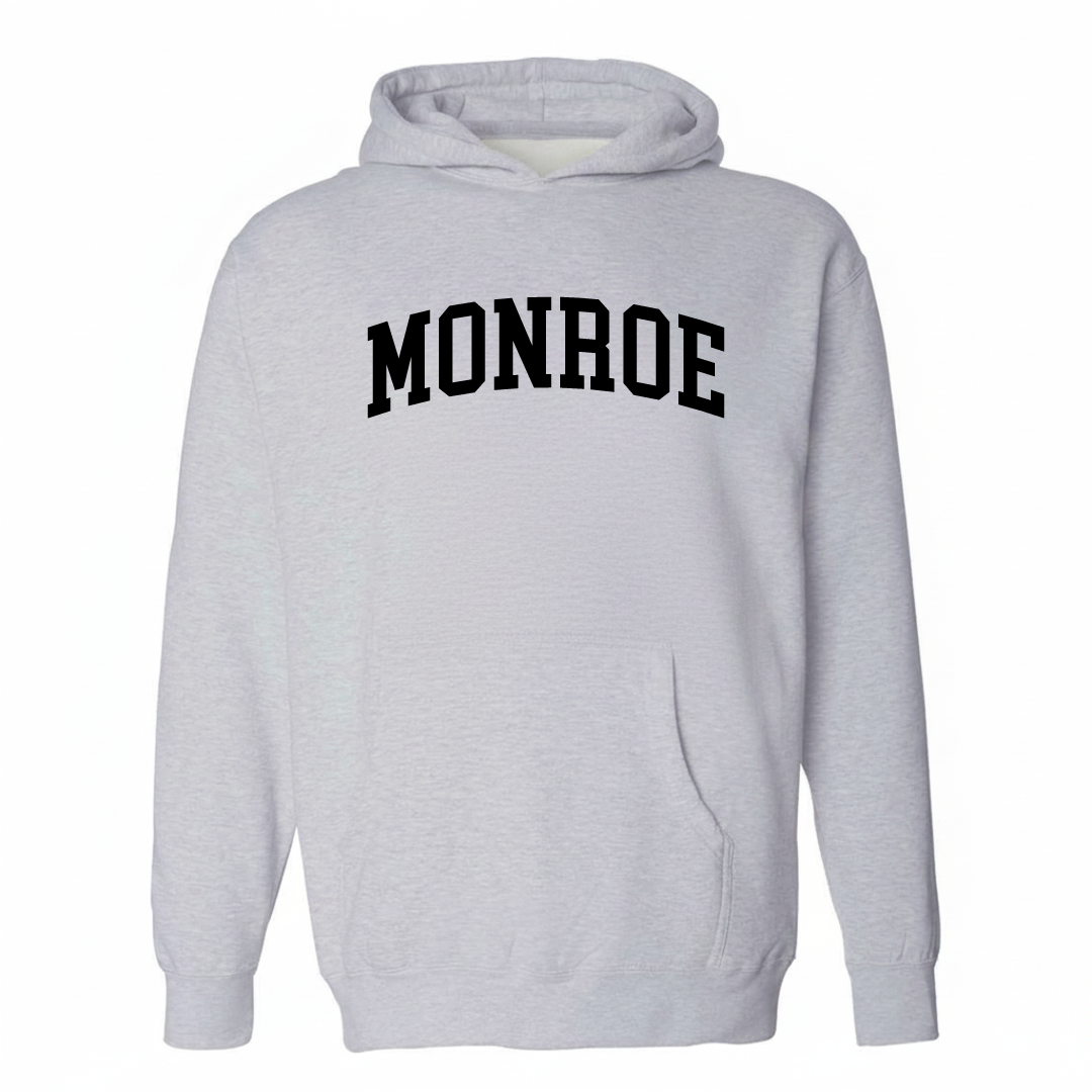 Heather-gray hoodie with the Monroe NC arched collegiate lettering design on the chest.