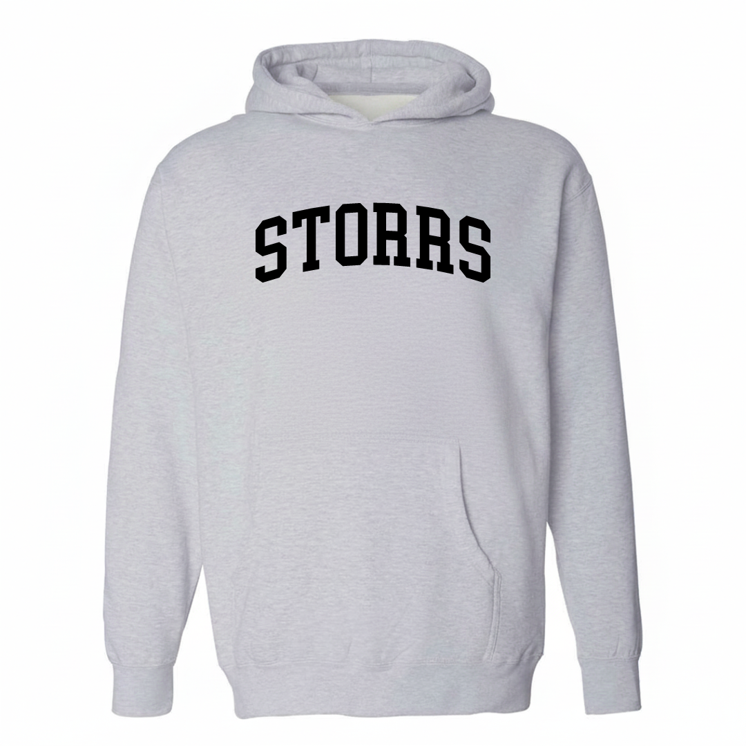 Heather-gray hoodie with the Storrs varsity arched lettering design on the chest.