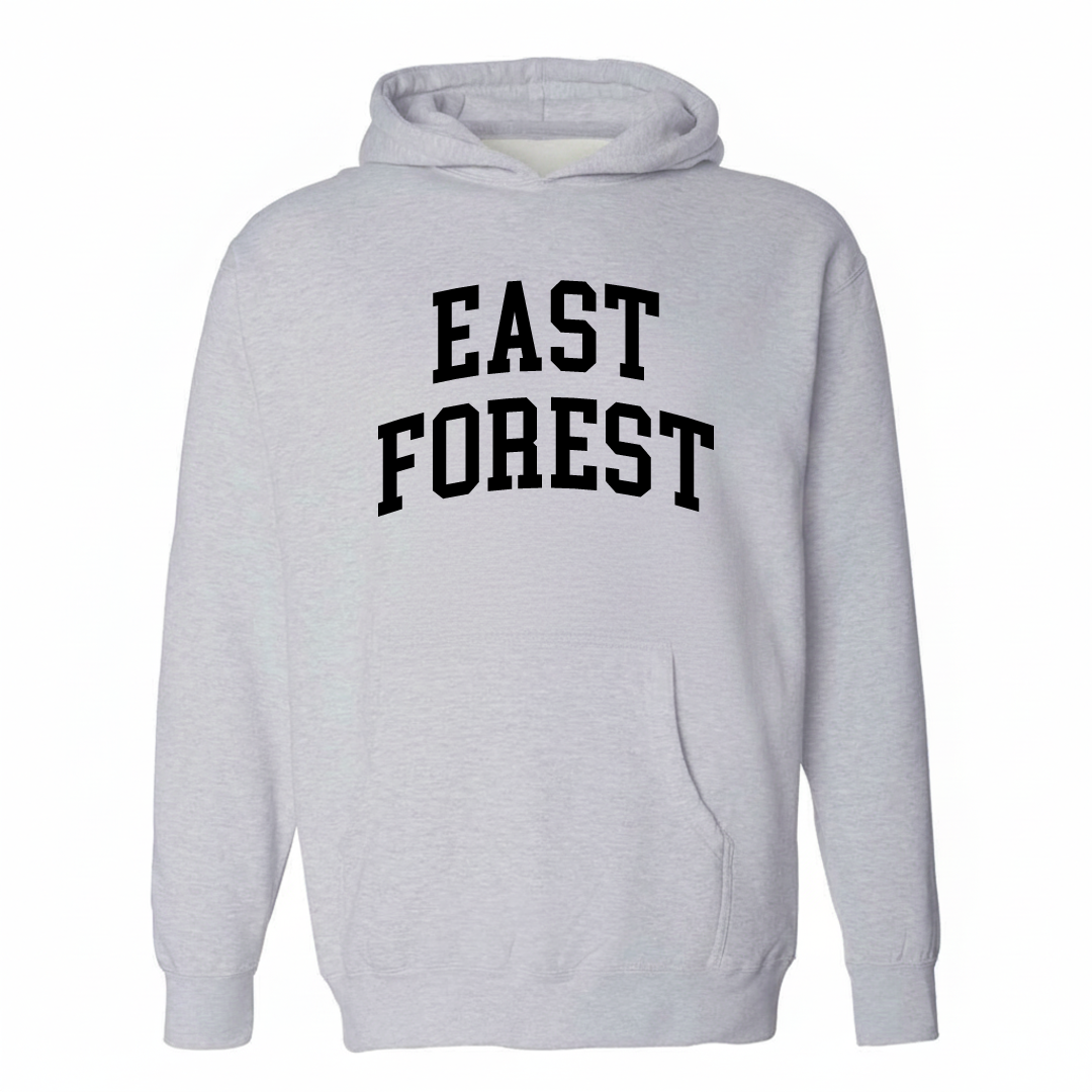Heather-gray hoodie with the East Forest varsity arched lettering design on the chest.