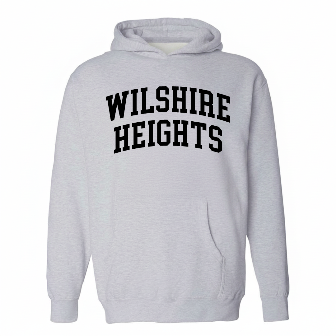 Heather-gray hoodie with the Wilshire Heights varsity arched lettering design on the chest.