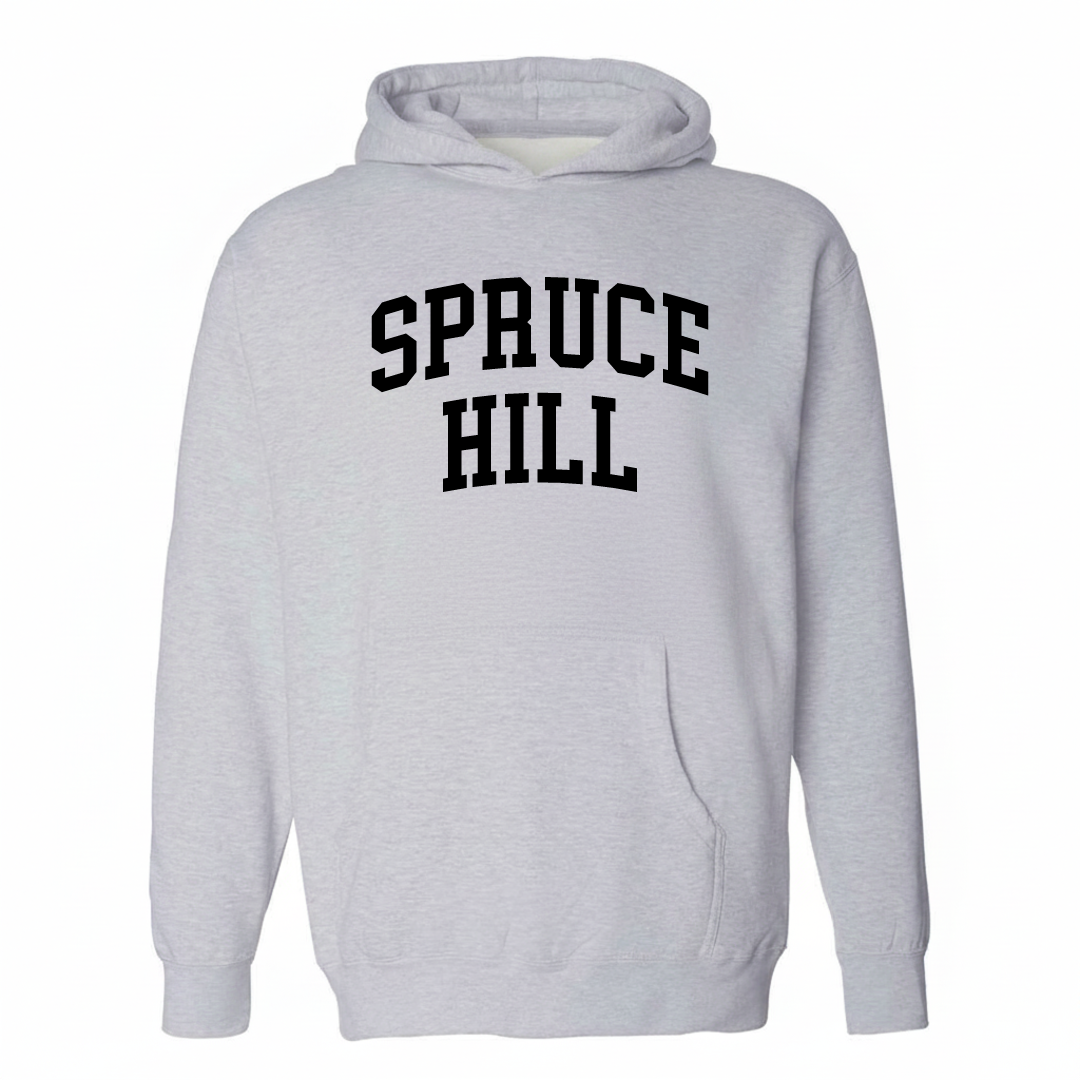 Heather-gray hoodie with the Spruce Hill varsity arched lettering design on the chest.