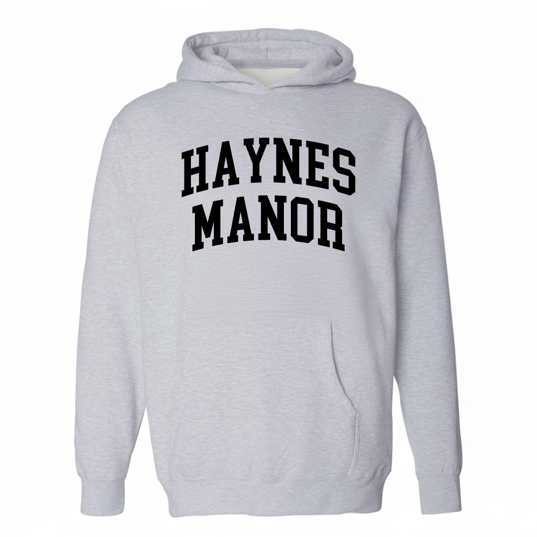Heather-gray hoodie with the Haynes Manor varsity arched lettering design on the chest.