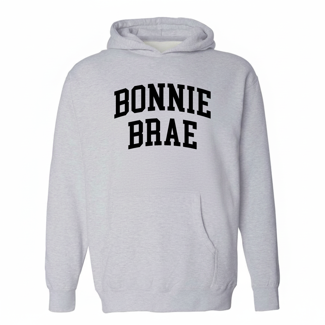 Heather-gray hoodie with the Bonnie Brae varsity arched lettering design on the chest.