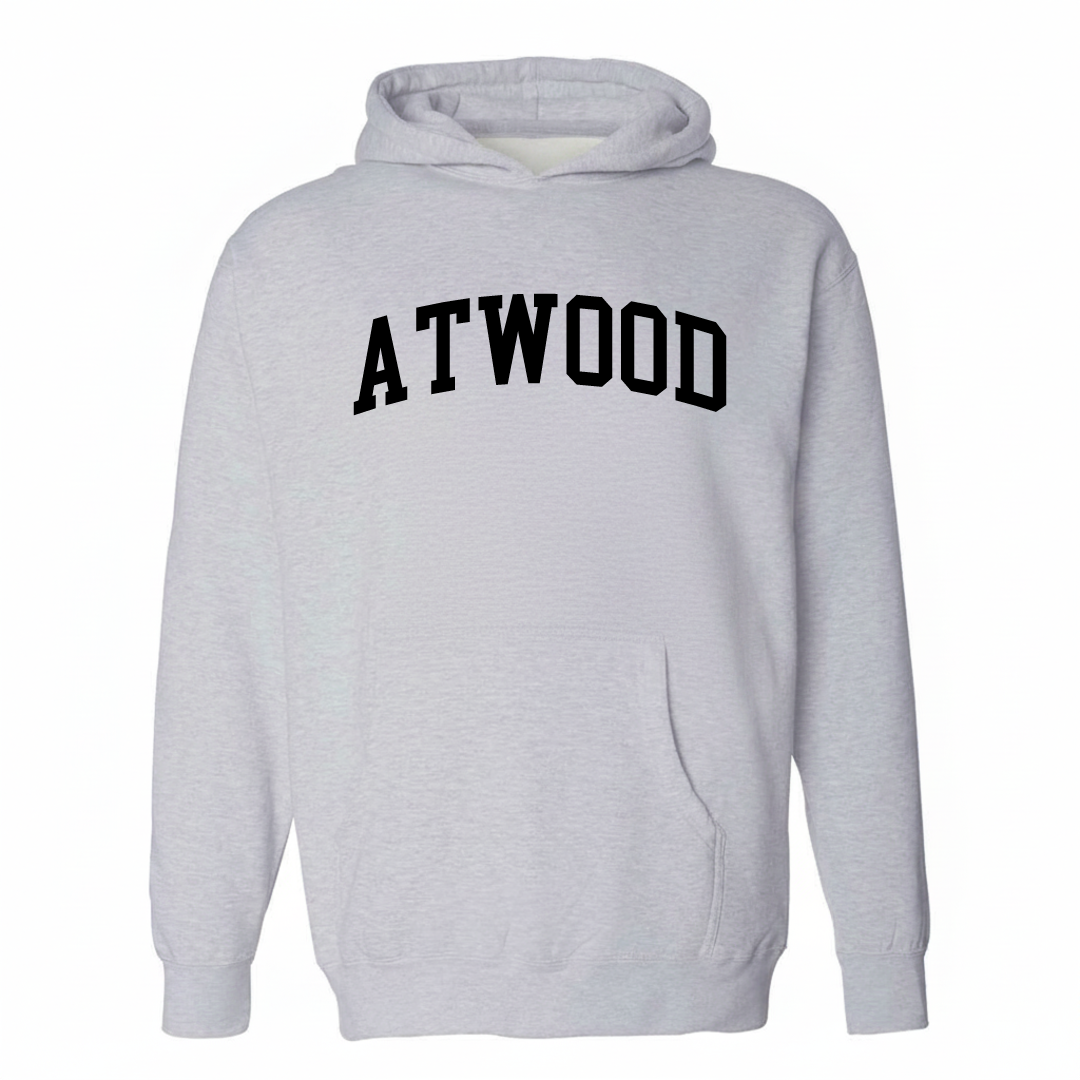 Heather-gray hoodie with the Atwood varsity arched lettering design on the chest.